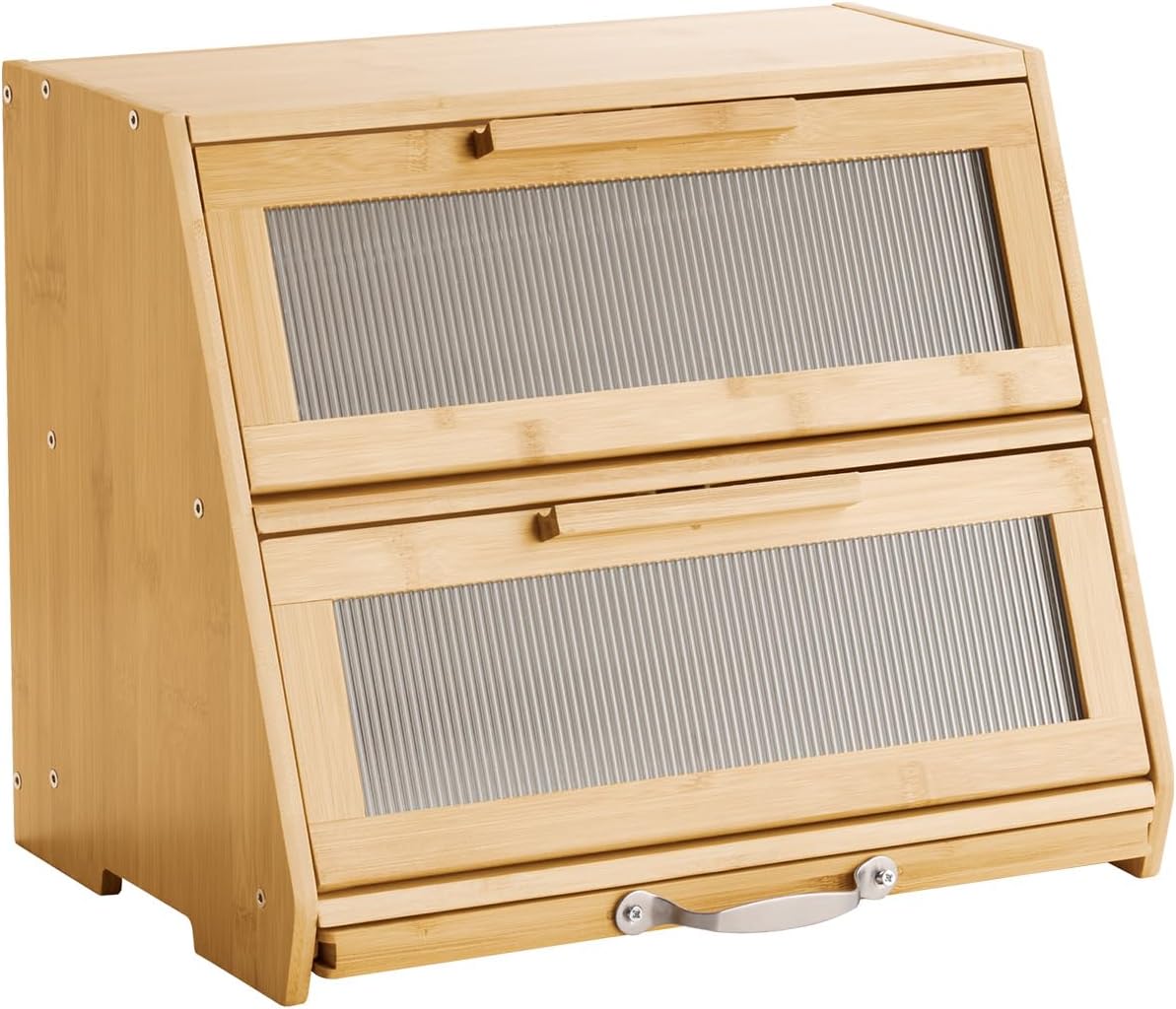 NEW Double Layer Bread Box for Kitchen Counter, Large Capacity Bamboo Bread Storage Container, Farmhouse Wooden Breadbox for Homemade Bread, Storage Holder Bin with Acrylic Wavy Door Panel, Natural