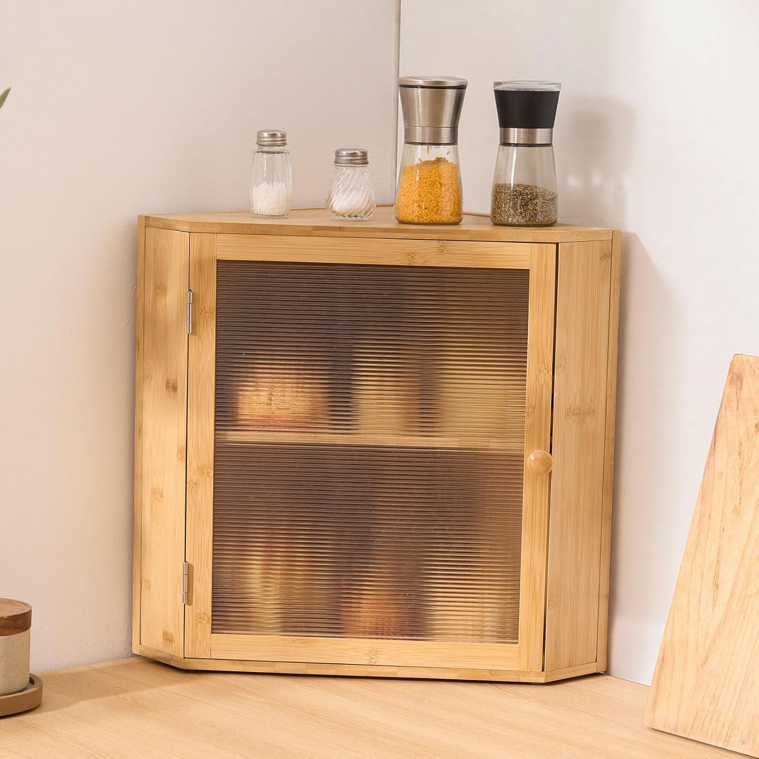 NEW Corner Bread Box for Kitchen Counter, Double Layer Large Capacity Bamboo Bread Storage Container, Farmhouse Wooden Breadbox for Homemade Bread, Storage Holder Bin with Acrylic Wavy Door, Natural