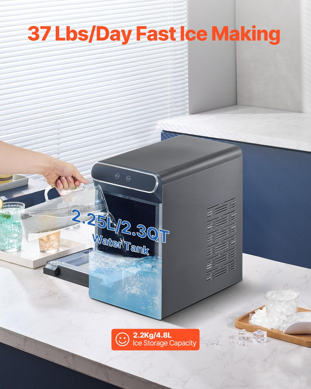 NEW Nugget Ice Maker, 37lbs/24H, with Self Cleaning, with Ice Scoop and Basket, Stainless Steel Ice Machine with Convenient Ice Transfer for Home Kitchen Office