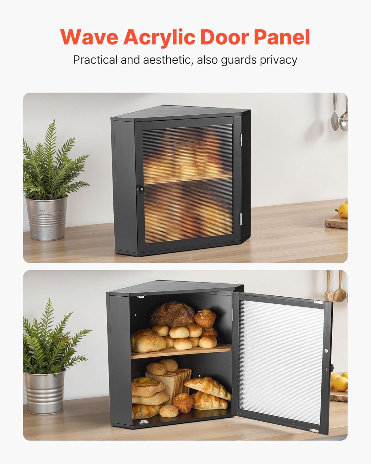 NEW Corner Bread Box for Kitchen Counter, Double Layer Large Capacity Bamboo Bread Storage Container, Farmhouse Wooden Breadbox for Homemade Bread, Storage Holder Bin with Acrylic Wavy Door, Black