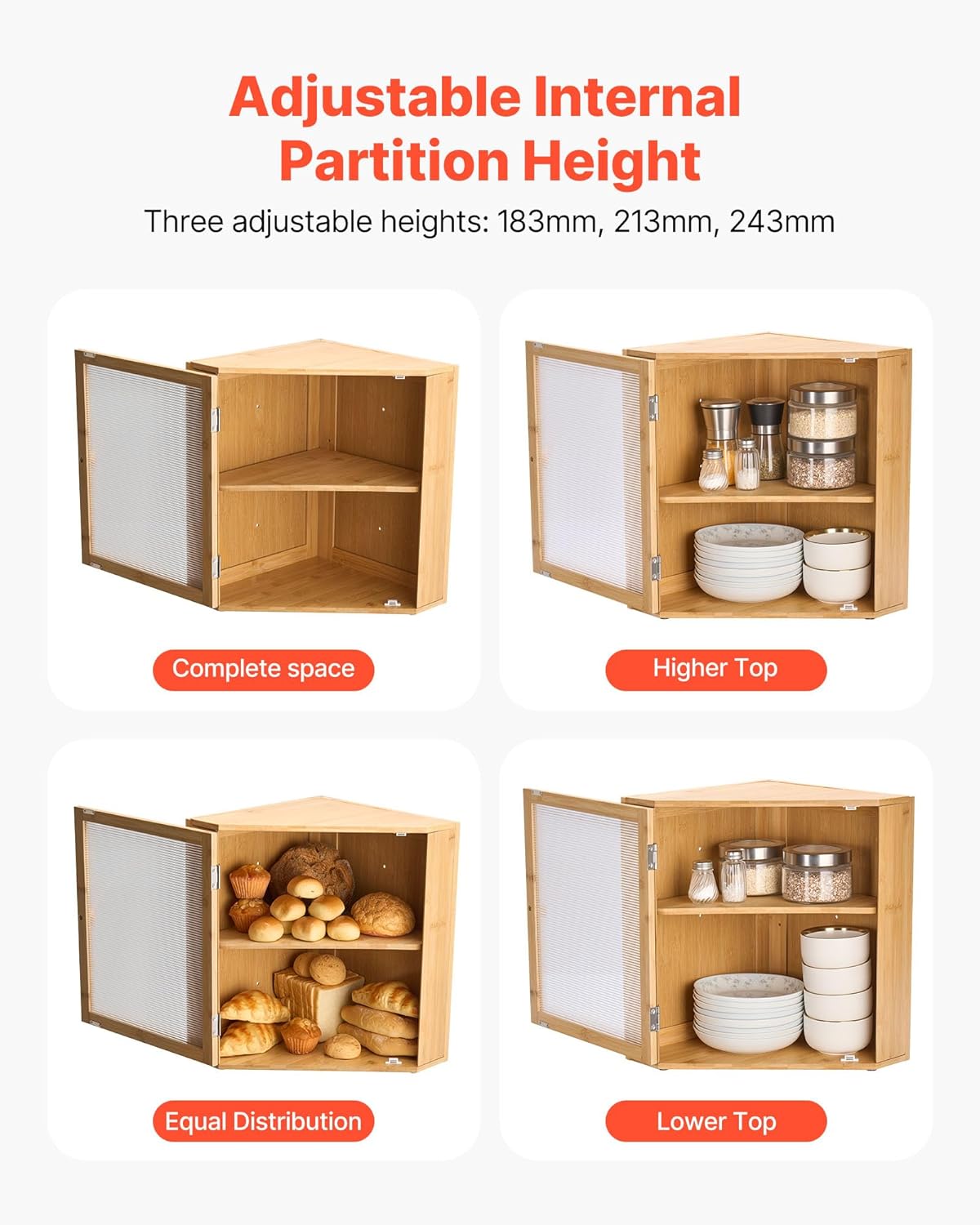 NEW Corner Bread Box for Kitchen Counter, Double Layer Large Capacity Bamboo Bread Storage Container, Farmhouse Wooden Breadbox for Homemade Bread, Storage Holder Bin with Acrylic Wavy Door, Natural