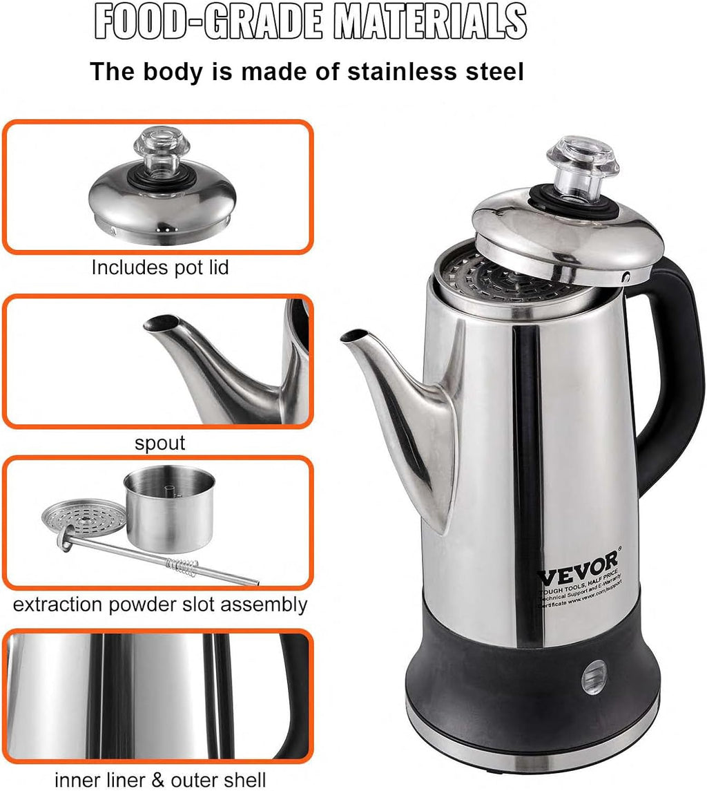 NEW 12-Cup Electric Percolator Coffee Pot, 304 Stainless Steel Body Coffee Percolator with Keep Warm Function & Heat-Resistant Handle, Classic Coffee Maker, Quick Brew & Easy-Pour Spout, Silver