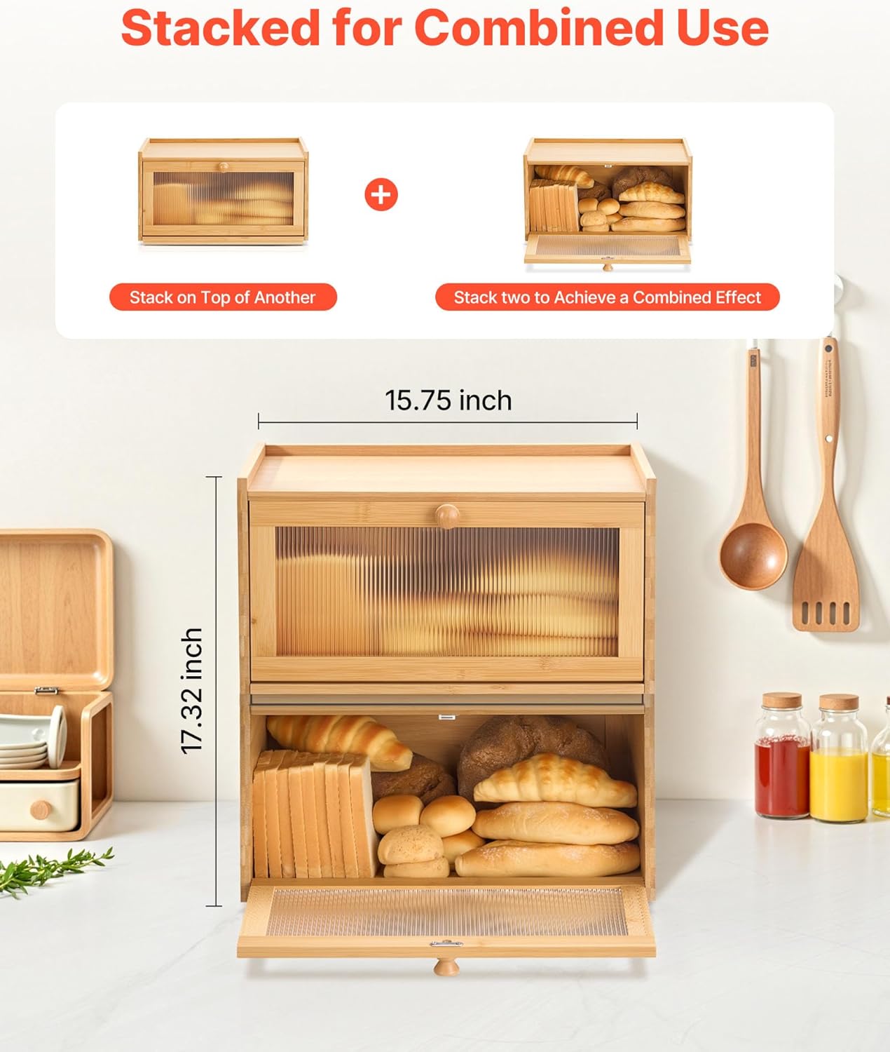 NEW Bread Box for Kitchen Counter, Large Capacity Bamboo Bread Storage Container, Farmhouse Wooden Breadbox Organizer for Homemade Bread, Storage Holder Bin with Acrylic Wavy Door Panel, Natural