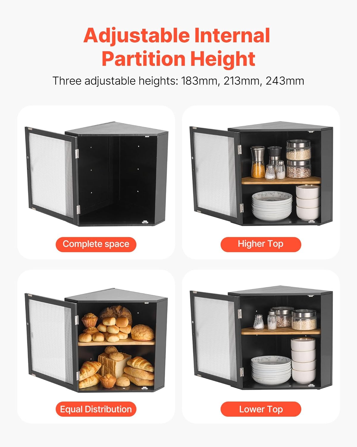 NEW Corner Bread Box for Kitchen Counter, Double Layer Large Capacity Bamboo Bread Storage Container, Farmhouse Wooden Breadbox for Homemade Bread, Storage Holder Bin with Acrylic Wavy Door, Black