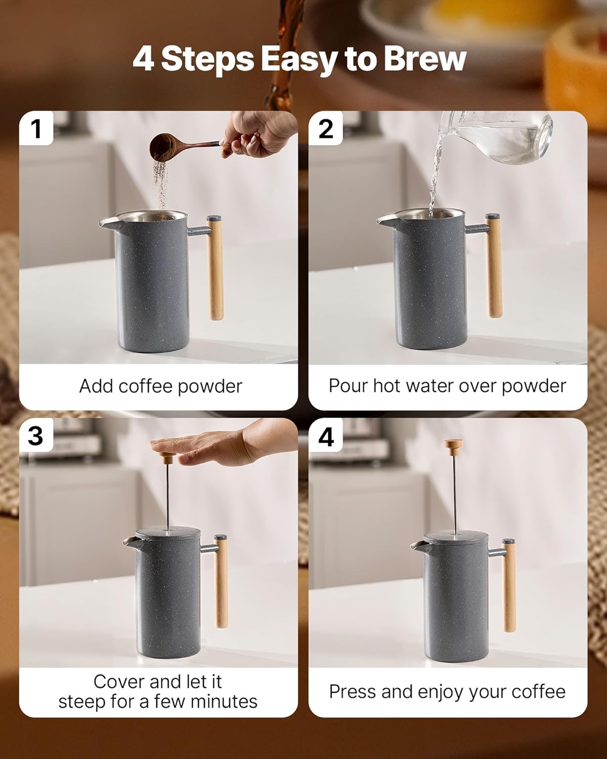 NEW French Press Coffee Maker, 34 Ounce 1 Liter Stainless Steel Coffee Press Tea Maker with Filter, Large Double Wall Insulated French Presses Cold Brew for Camping Travel Home Kitchen, Black