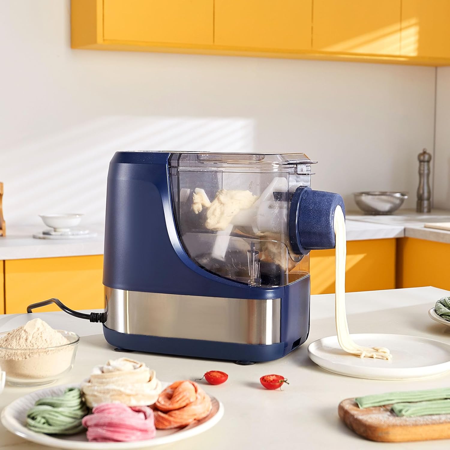 NEW Electric Pasta Maker, 150W Automatic Noodle Maker Machine with 8 Pasta Shapes, 4 Intelligent Modes, 500g Flour Capacity Pasta Maker Machine with Measuring Cups, Cleaning Brush for Home Kitchen