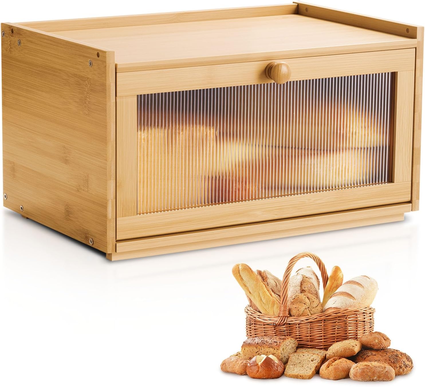 NEW Bread Box for Kitchen Counter, Large Capacity Bamboo Bread Storage Container, Farmhouse Wooden Breadbox Organizer for Homemade Bread, Storage Holder Bin with Acrylic Wavy Door Panel, Natural