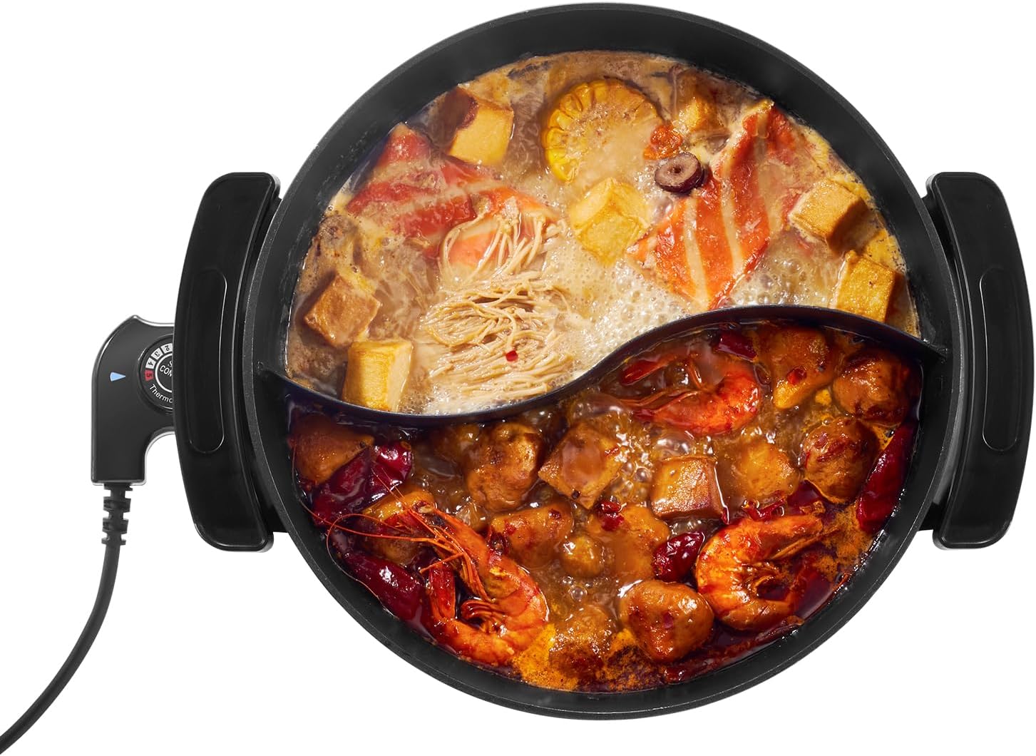 NEW Electric Hot Pot, 1360W 5 L Double-flavor Shabu Shabu Pot, Non-Stick Electric Cooker with Divider, Clear Glass Lid, Temperature control, Chinese Hotpot for 6-10 People Family Dinning & Party