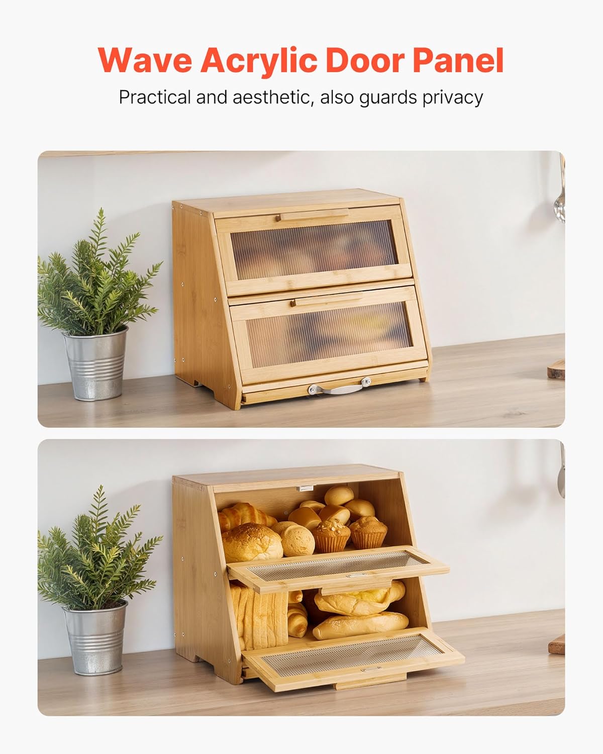 NEW Double Layer Bread Box for Kitchen Counter, Large Capacity Bamboo Bread Storage Container, Farmhouse Wooden Breadbox for Homemade Bread, Storage Holder Bin with Acrylic Wavy Door Panel, Natural