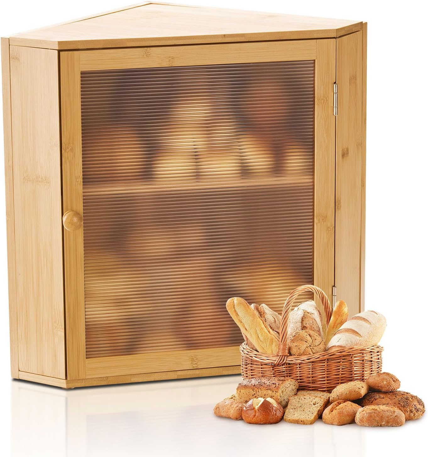 NEW Corner Bread Box for Kitchen Counter, Double Layer Large Capacity Bamboo Bread Storage Container, Farmhouse Wooden Breadbox for Homemade Bread, Storage Holder Bin with Acrylic Wavy Door, Natural