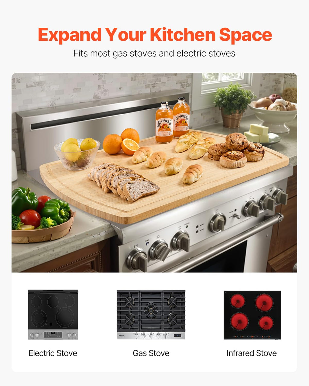 NEW Noodle Board Stove Cover, Stove Top Cover Board for Gas Burner & Electric Stove, Bamboo Wood Cutting Board with Juice Grooves, RV Stovetop/ Kitchen Sink Cover for Counter Space & Tray, Natural