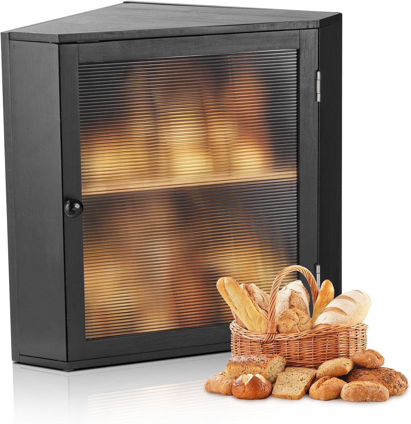 NEW Corner Bread Box for Kitchen Counter, Double Layer Large Capacity Bamboo Bread Storage Container, Farmhouse Wooden Breadbox for Homemade Bread, Storage Holder Bin with Acrylic Wavy Door, Black