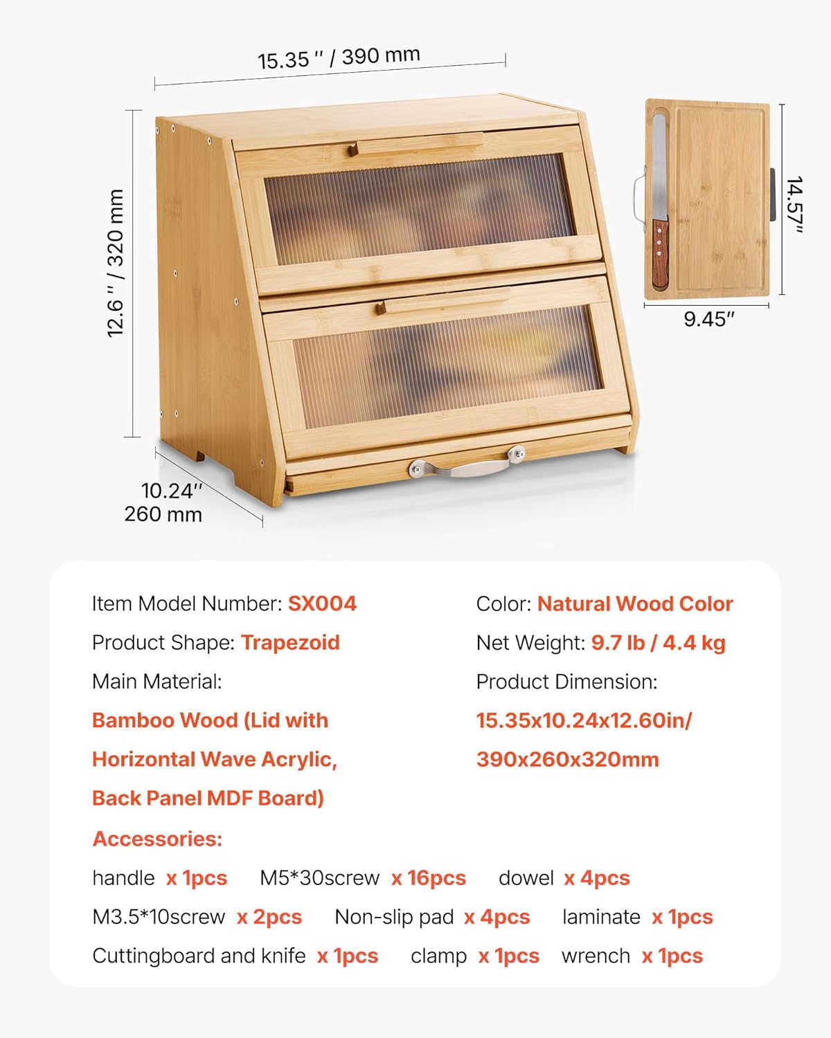 NEW Double Layer Bread Box for Kitchen Counter, Large Capacity Bamboo Bread Storage Container, Farmhouse Wooden Breadbox for Homemade Bread, Storage Holder Bin with Acrylic Wavy Door Panel, Natural