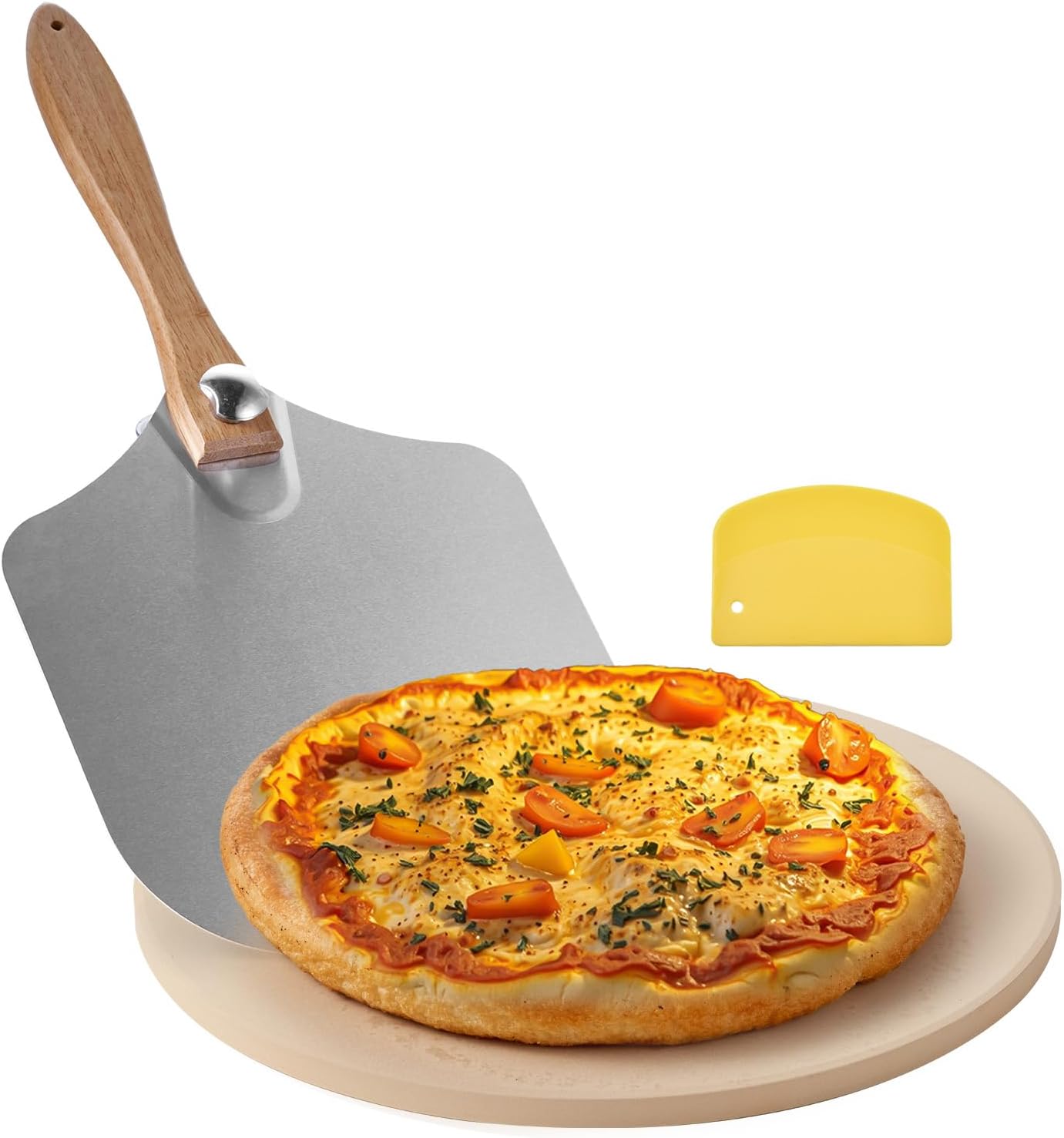 NEW Pizza Stone, 15 in Round Pizza Stone, 0.67 in Large Cordierite Baking-Stone with Metal Peel, Scrape, 1450℉ Heat-Resistant Cooking Stones, for Kitchen Oven, Baking Pizzas, BBQ Grilling