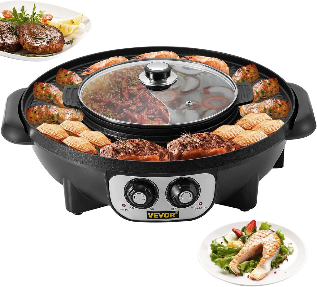 NEW Hot Pot with Grill, 2200W 2-in-1 Electric Smokeless Grill and Hot Pot, Korean BBQ Shabu Shabu Hotpot with Separate Dual Temperature Control, Non-stick Pan, for 1-6 People Family Dinning