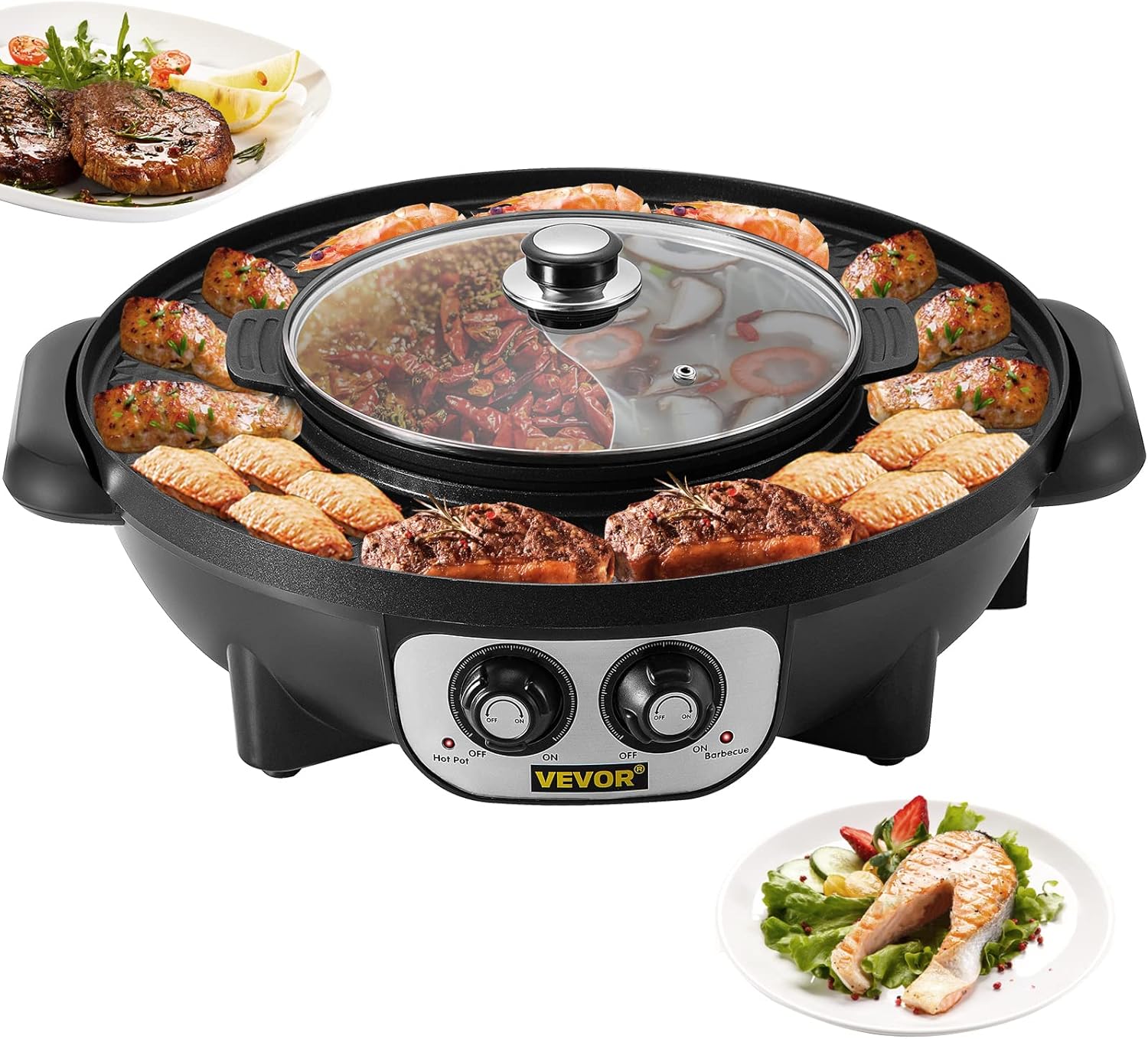 NEW Hot Pot with Grill, 2200W 2-in-1 Electric Smokeless Grill and Hot Pot, Korean BBQ Shabu Shabu Hotpot with Separate Dual Temperature Control, Non-stick Pan, for 1-6 People Family Dinning