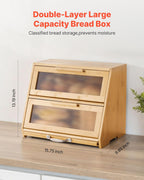 NEW Double Layer Bread Box for Kitchen Counter, Large Capacity Bamboo Bread Storage Container, Farmhouse Wooden Breadbox for Homemade Bread, Storage Holder Bin with Acrylic Wavy Door Panel, Natural