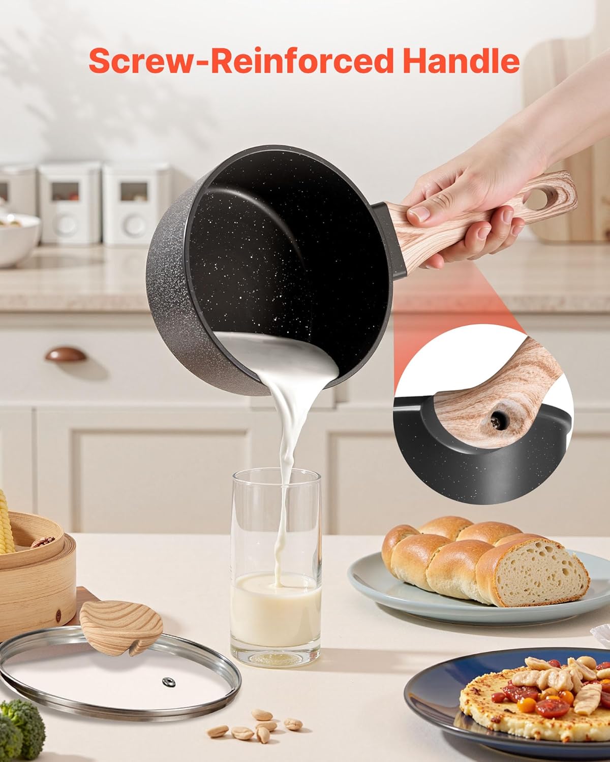 NEW 1.5 QT Saucepan, Nonstick Saucepan with Tempered Glass Lid, Multipurpose Cooking Sauce Pot with Detachable Handle, Sauce Pan Small Kitchen Cooking Pot with Coating, Induction Compatible, Black