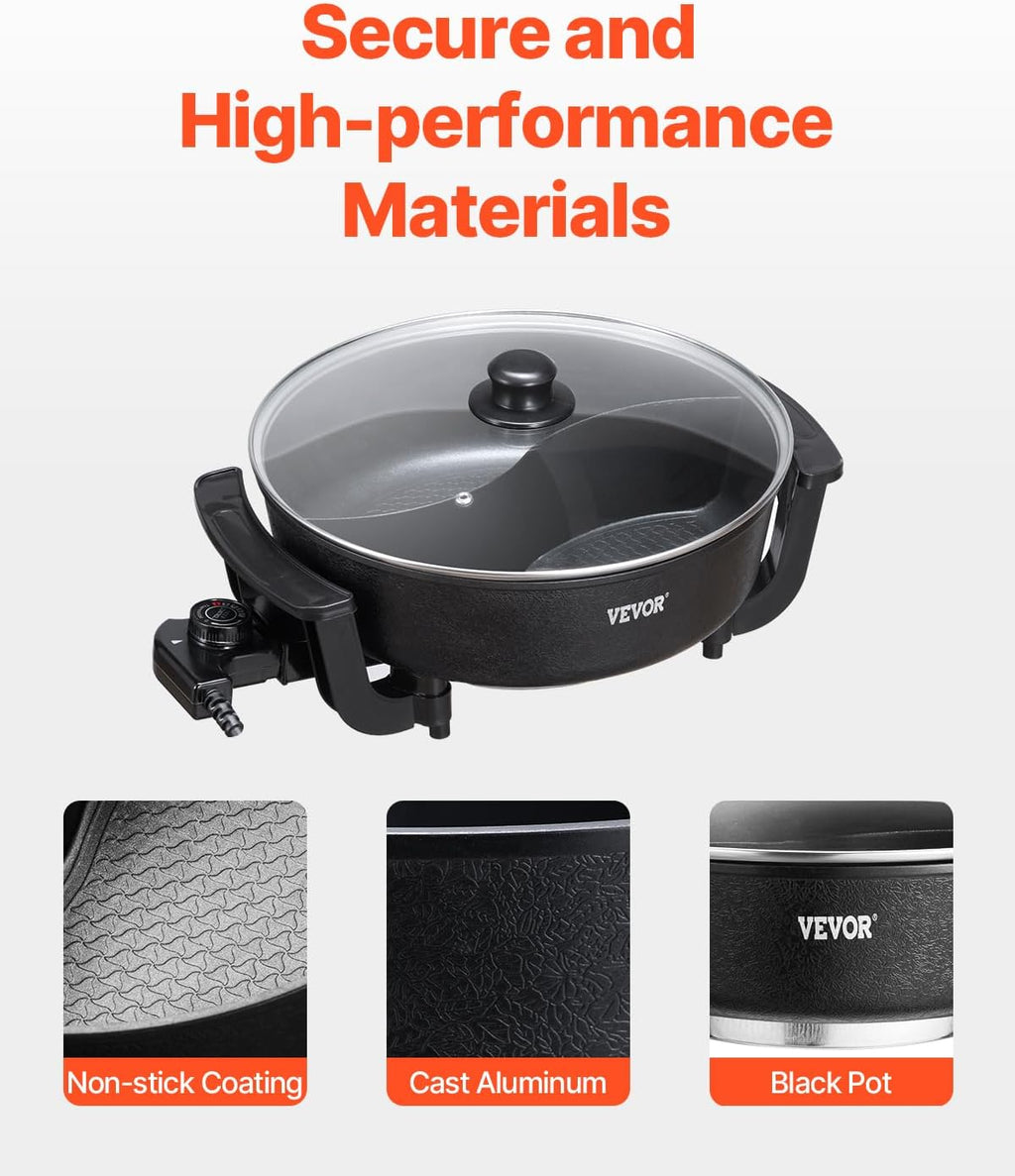 NEW Electric Hot Pot, 1360W 5 L Double-flavor Shabu Shabu Pot, Non-Stick Electric Cooker with Divider, Clear Glass Lid, Temperature control, Chinese Hotpot for 6-10 People Family Dinning & Party