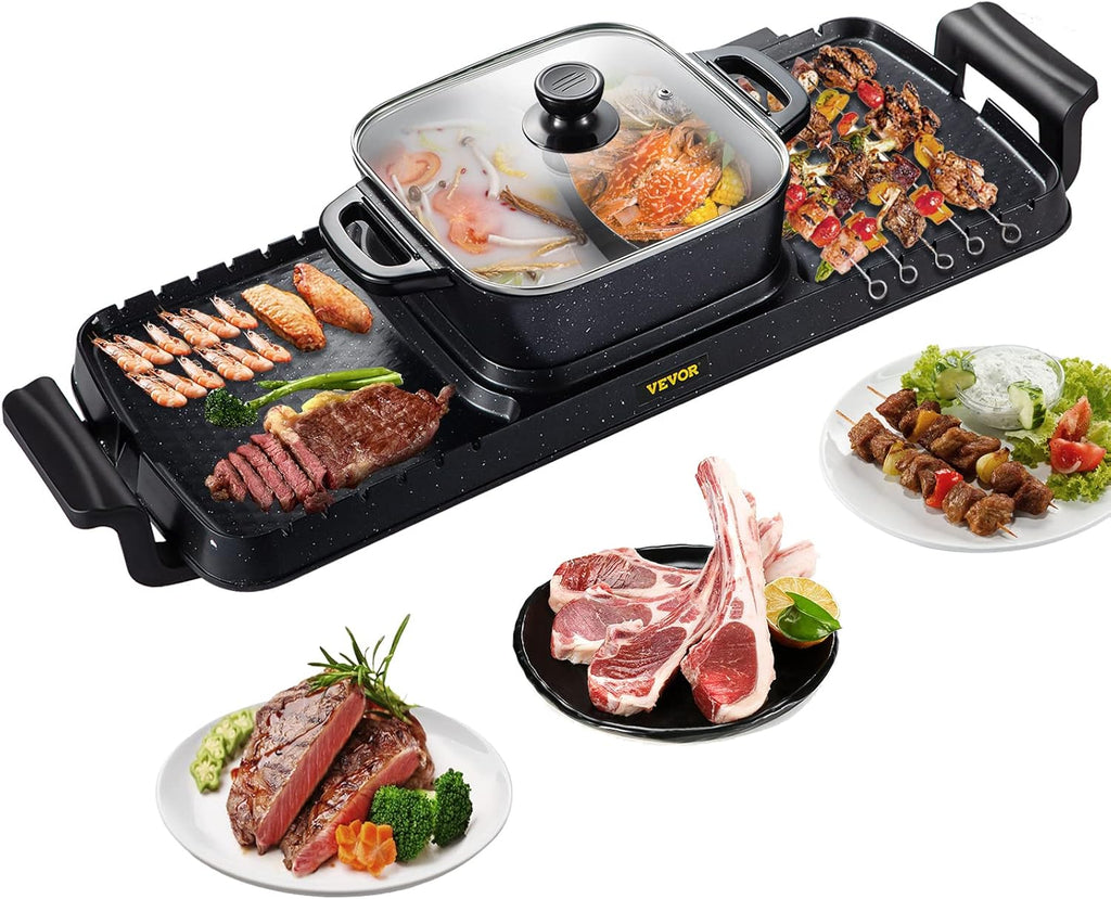 NEW Hot Pot with Grill, 2200W 2-in-1 Electric Smokeless Grill and Hot Pot, Korean BBQ Shabu Shabu Hotpot with Separate Dual Temperature Control, Non-stick Pan, for 1-6 People Family Dinning