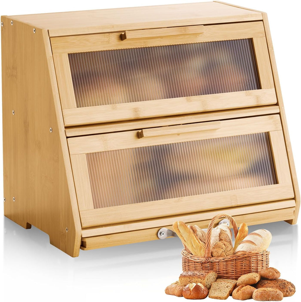 NEW Double Layer Bread Box for Kitchen Counter, Large Capacity Bamboo Bread Storage Container, Farmhouse Wooden Breadbox for Homemade Bread, Storage Holder Bin with Acrylic Wavy Door Panel, Natural