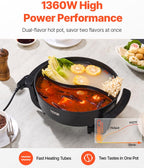 NEW Electric Hot Pot, 1360W 5 L Double-flavor Shabu Shabu Pot, Non-Stick Electric Cooker with Divider, Clear Glass Lid, Temperature control, Chinese Hotpot for 6-10 People Family Dinning & Party