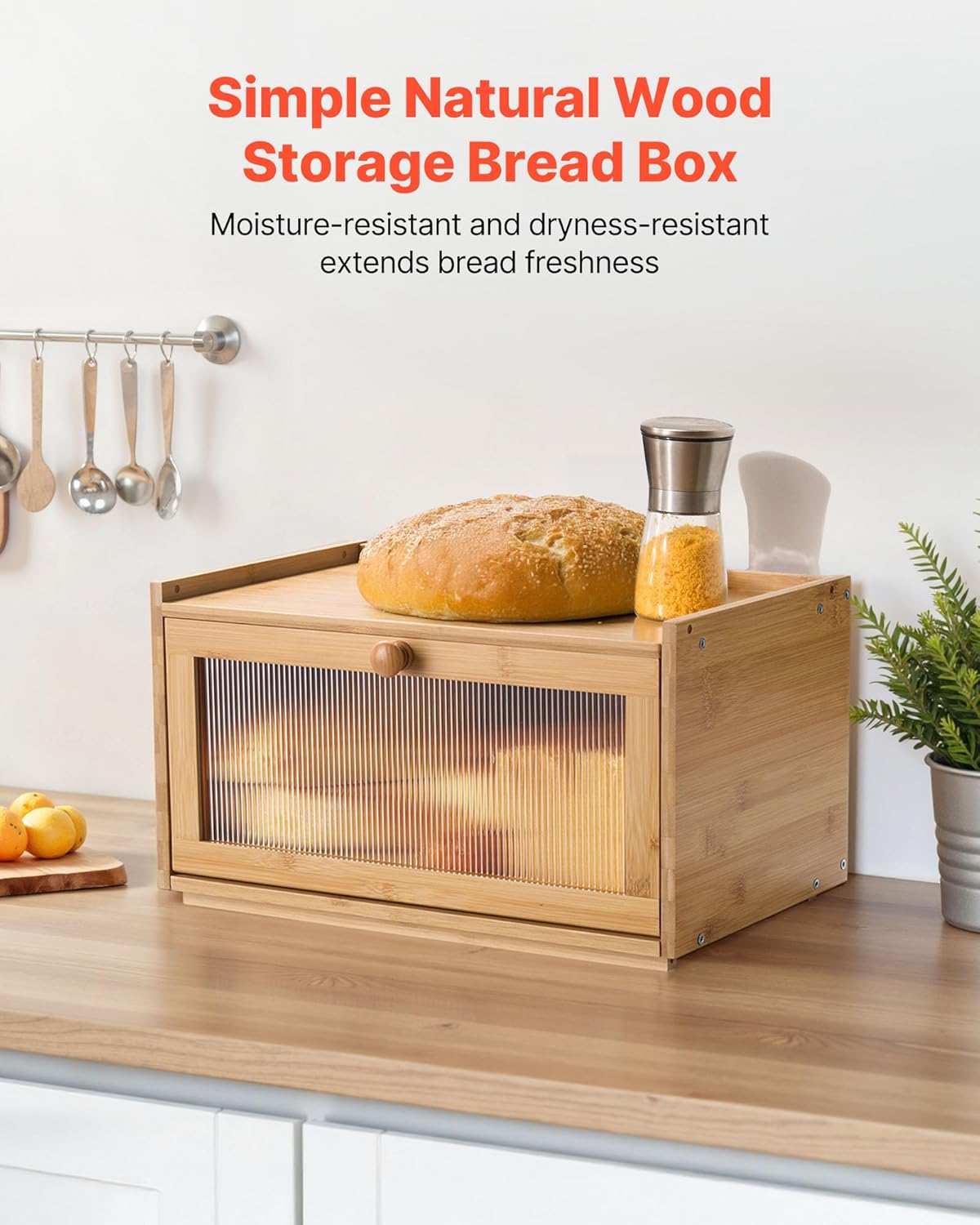 NEW Bread Box for Kitchen Counter, Large Capacity Bamboo Bread Storage Container, Farmhouse Wooden Breadbox Organizer for Homemade Bread, Storage Holder Bin with Acrylic Wavy Door Panel, Natural