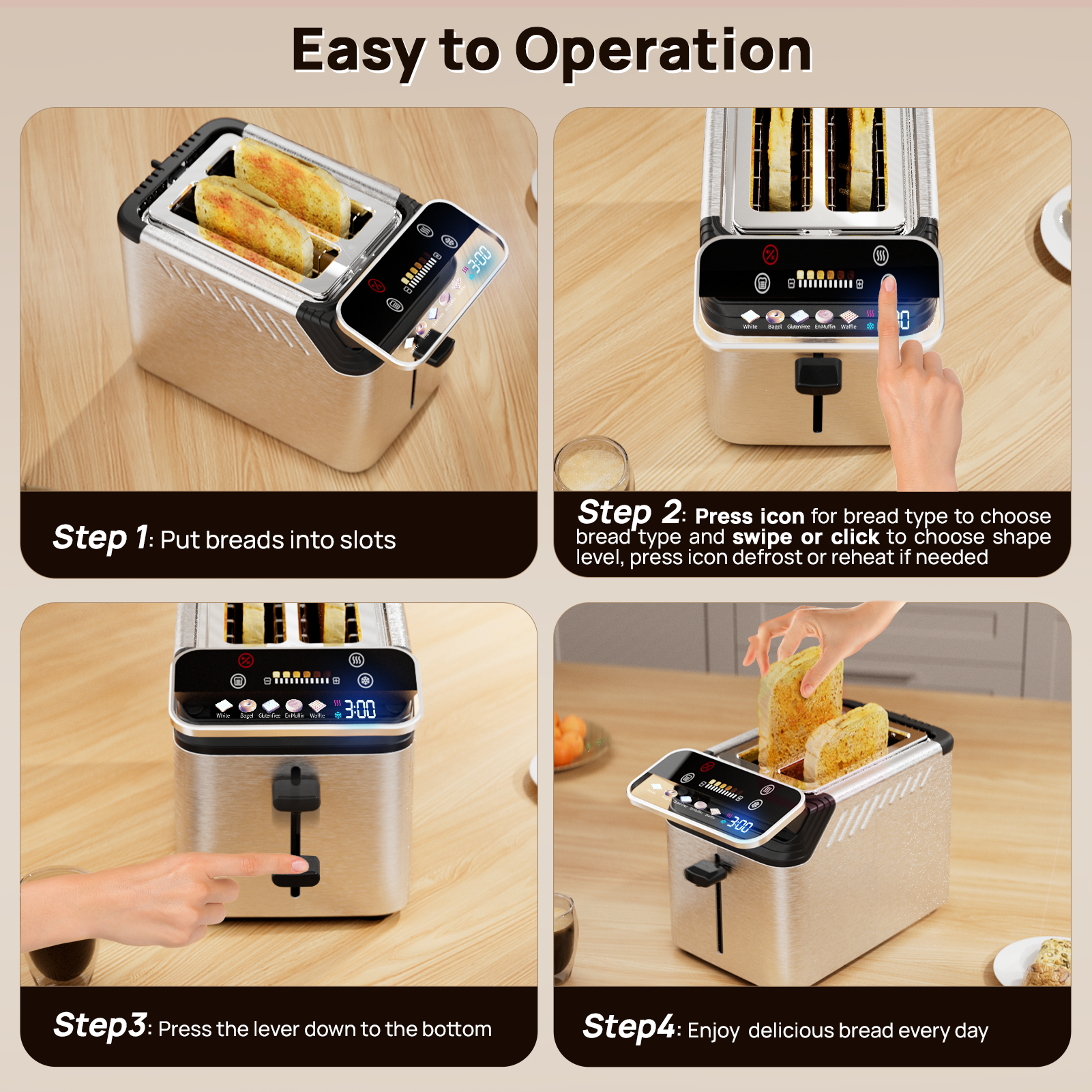 WhallPro® Stainless Steel Smart Toaster, 2 Slice | Projection Touchscreen, 1.5" Extra-Wide Slots, Digital Timer, Reheat & Defrost, Warming Rack, Removable Crumb Tray
