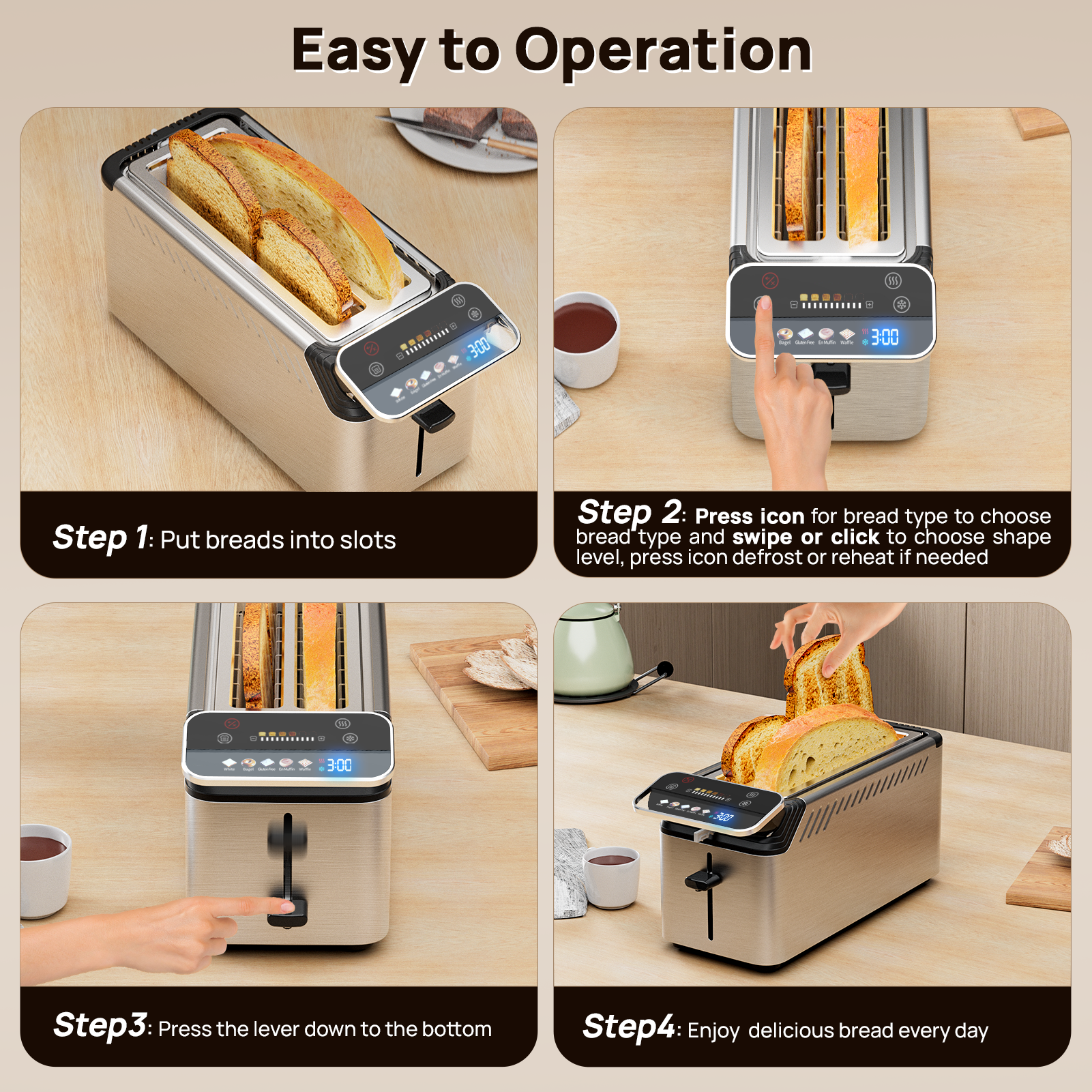 WhallPro® Stainless Steel Smart Toaster, 2 Slice | Projection Touchscreen, 1.5" Extra-Wide Slots, Digital Timer, Reheat & Defrost, Warming Rack, Removable Crumb Tray