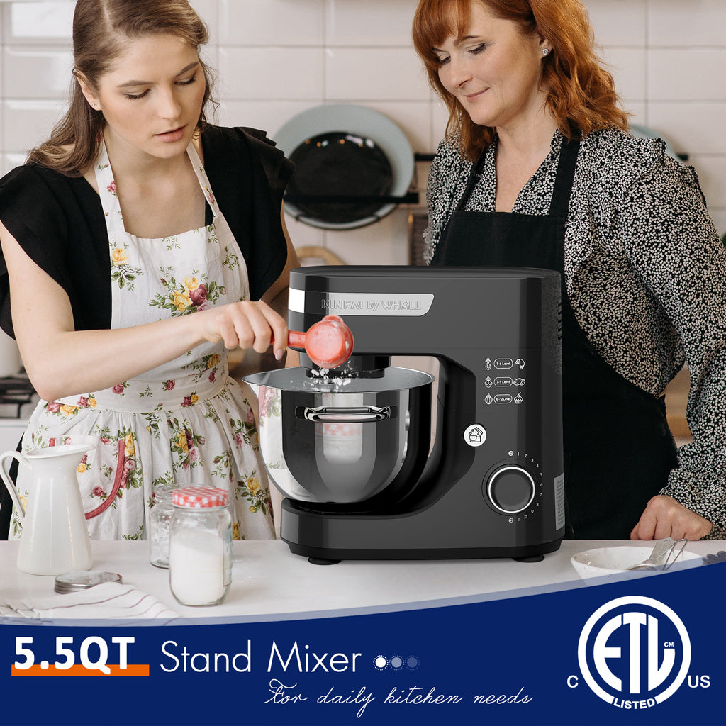 WhallPro® Stand Mixer - 5.5Qt 12-Speed Tilt-Head Electric Kitchen Mixer with Dough Hook/Wire Whip/Beater, Stainless Steel Bowl (black) New
