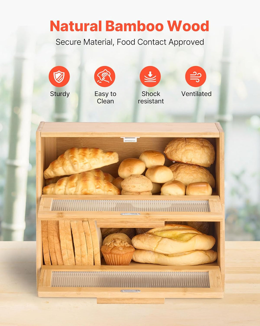 NEW Double Layer Bread Box for Kitchen Counter, Large Capacity Bamboo Bread Storage Container, Farmhouse Wooden Breadbox for Homemade Bread, Storage Holder Bin with Acrylic Wavy Door Panel, Natural