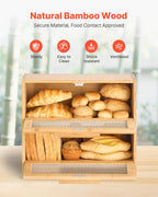 NEW Double Layer Bread Box for Kitchen Counter, Large Capacity Bamboo Bread Storage Container, Farmhouse Wooden Breadbox for Homemade Bread, Storage Holder Bin with Acrylic Wavy Door Panel, Natural