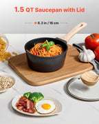 NEW 1.5 QT Saucepan, Nonstick Saucepan with Tempered Glass Lid, Multipurpose Cooking Sauce Pot with Detachable Handle, Sauce Pan Small Kitchen Cooking Pot with Coating, Induction Compatible, Black