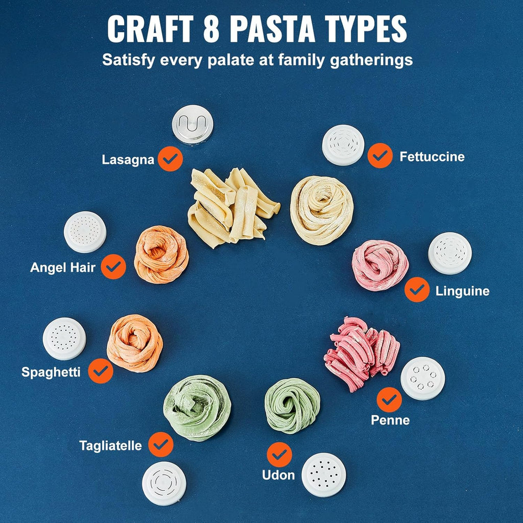 NEW Electric Pasta Maker, 150W Automatic Noodle Maker Machine with 8 Pasta Shapes, 4 Intelligent Modes, 500g Flour Capacity Pasta Maker Machine with Measuring Cups, Cleaning Brush for Home Kitchen