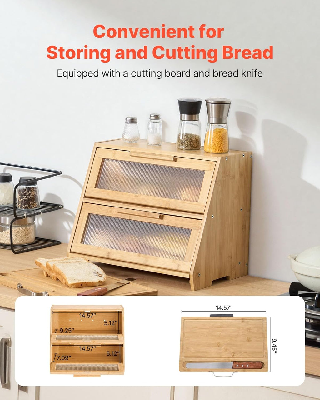 NEW Double Layer Bread Box for Kitchen Counter, Large Capacity Bamboo Bread Storage Container, Farmhouse Wooden Breadbox for Homemade Bread, Storage Holder Bin with Acrylic Wavy Door Panel, Natural