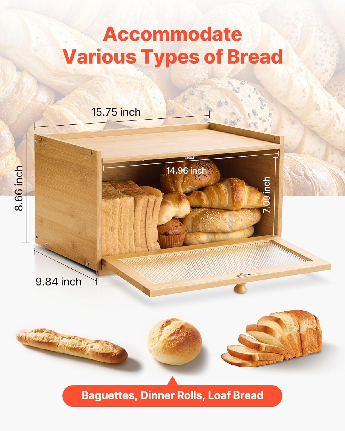 NEW Bread Box for Kitchen Counter, Large Capacity Bamboo Bread Storage Container, Farmhouse Wooden Breadbox Organizer for Homemade Bread, Storage Holder Bin with Acrylic Wavy Door Panel, Natural