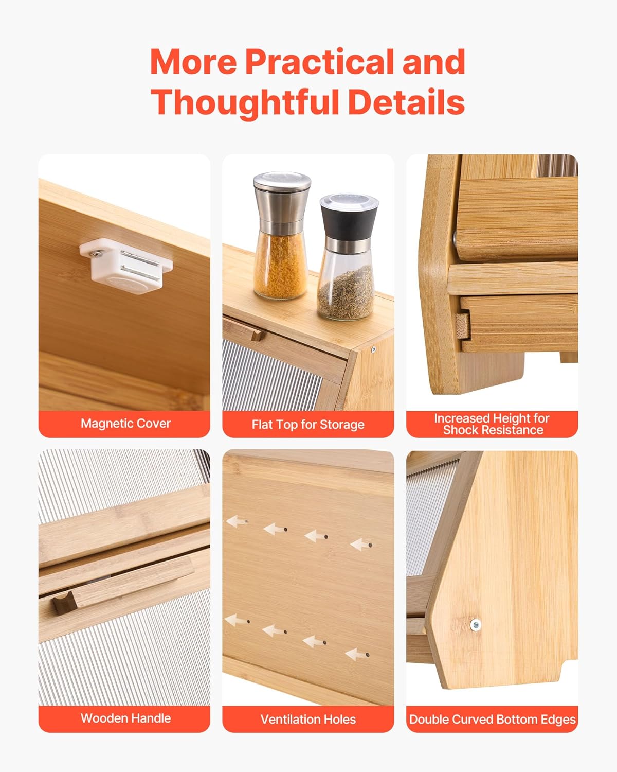 NEW Double Layer Bread Box for Kitchen Counter, Large Capacity Bamboo Bread Storage Container, Farmhouse Wooden Breadbox for Homemade Bread, Storage Holder Bin with Acrylic Wavy Door Panel, Natural