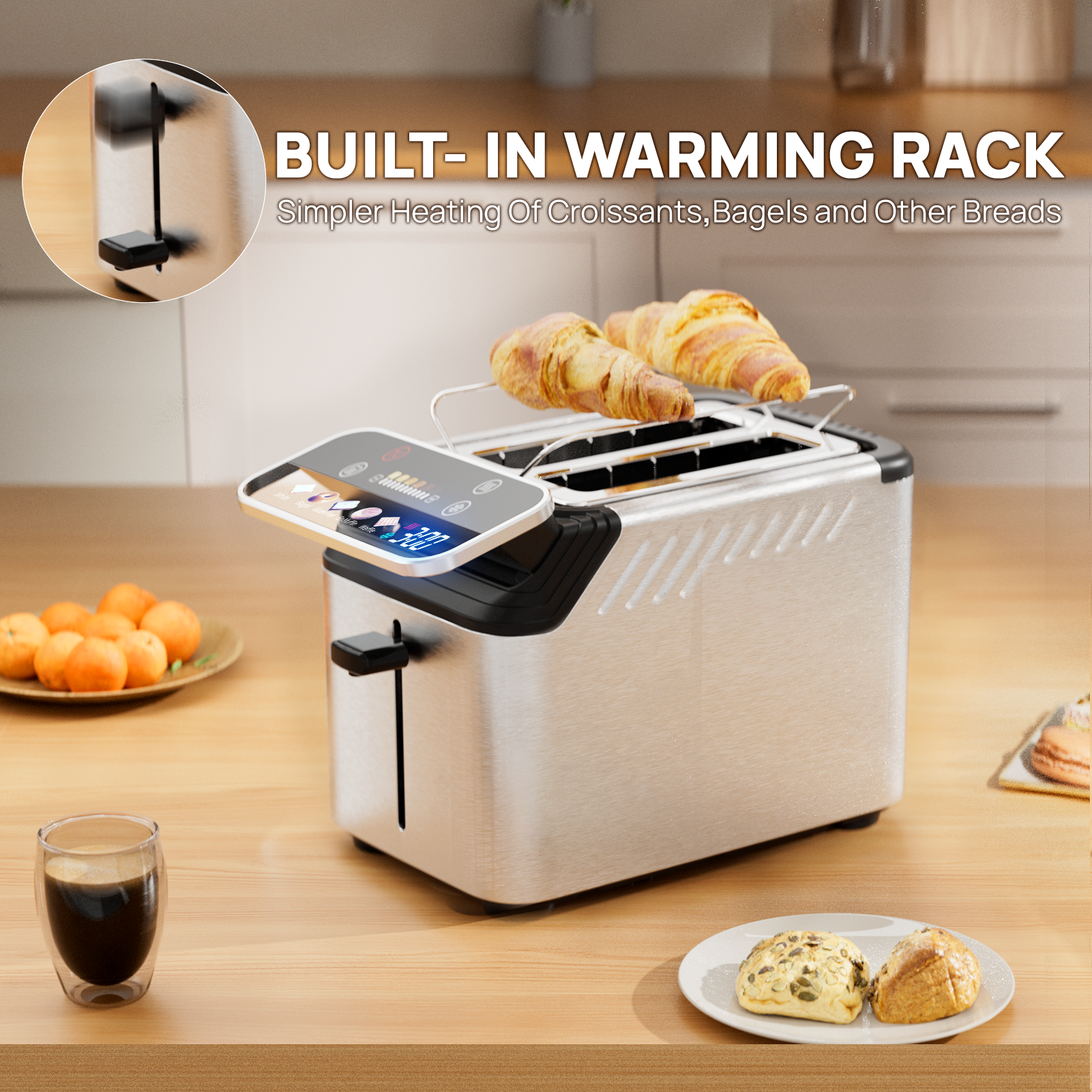 WhallPro® Stainless Steel Smart Toaster, 2 Slice | Projection Touchscreen, 1.5" Extra-Wide Slots, Digital Timer, Reheat & Defrost, Warming Rack, Removable Crumb Tray