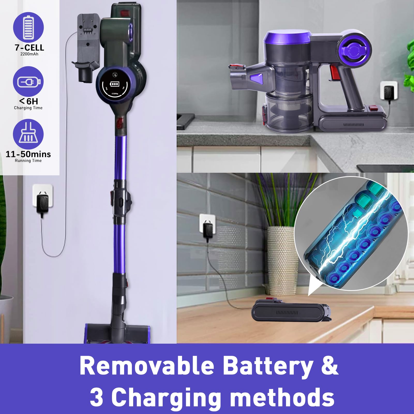 WhallPro® Cordless Vacuum Cleaner, 25Kpa Super Suction 280W High-Speed Brushless Motor Cordless Stick Vacuum, Detachable Battery Up to 55min Runtime