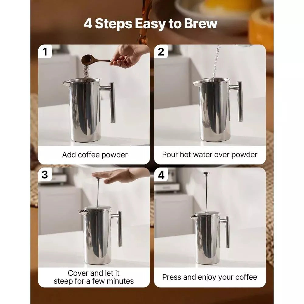 NEW French Press Coffee Maker, 51 Ounce Stainless Steel Coffee Press Tea Maker With Filter, Large Double Wall Insulated Presses Cold Brew, Silver