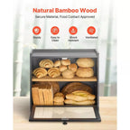 NEW Double Layer Bread Box, Large Bamboo Kitchen Storage Container, Farmhouse Wooden Breadbox with Acrylic Wavy Door Panel, Countertop Storage,Black