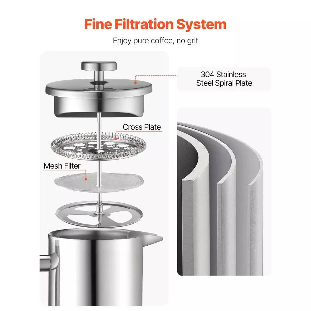 NEW French Press Coffee Maker, 51 Ounce Stainless Steel Coffee Press Tea Maker With Filter, Large Double Wall Insulated Presses Cold Brew, Silver