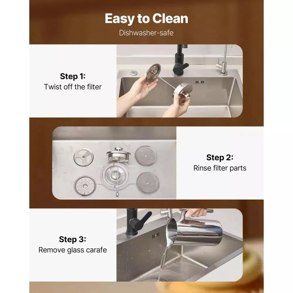 NEW French Press Coffee Maker, 51 Ounce Stainless Steel Coffee Press Tea Maker With Filter, Large Double Wall Insulated Presses Cold Brew, Silver