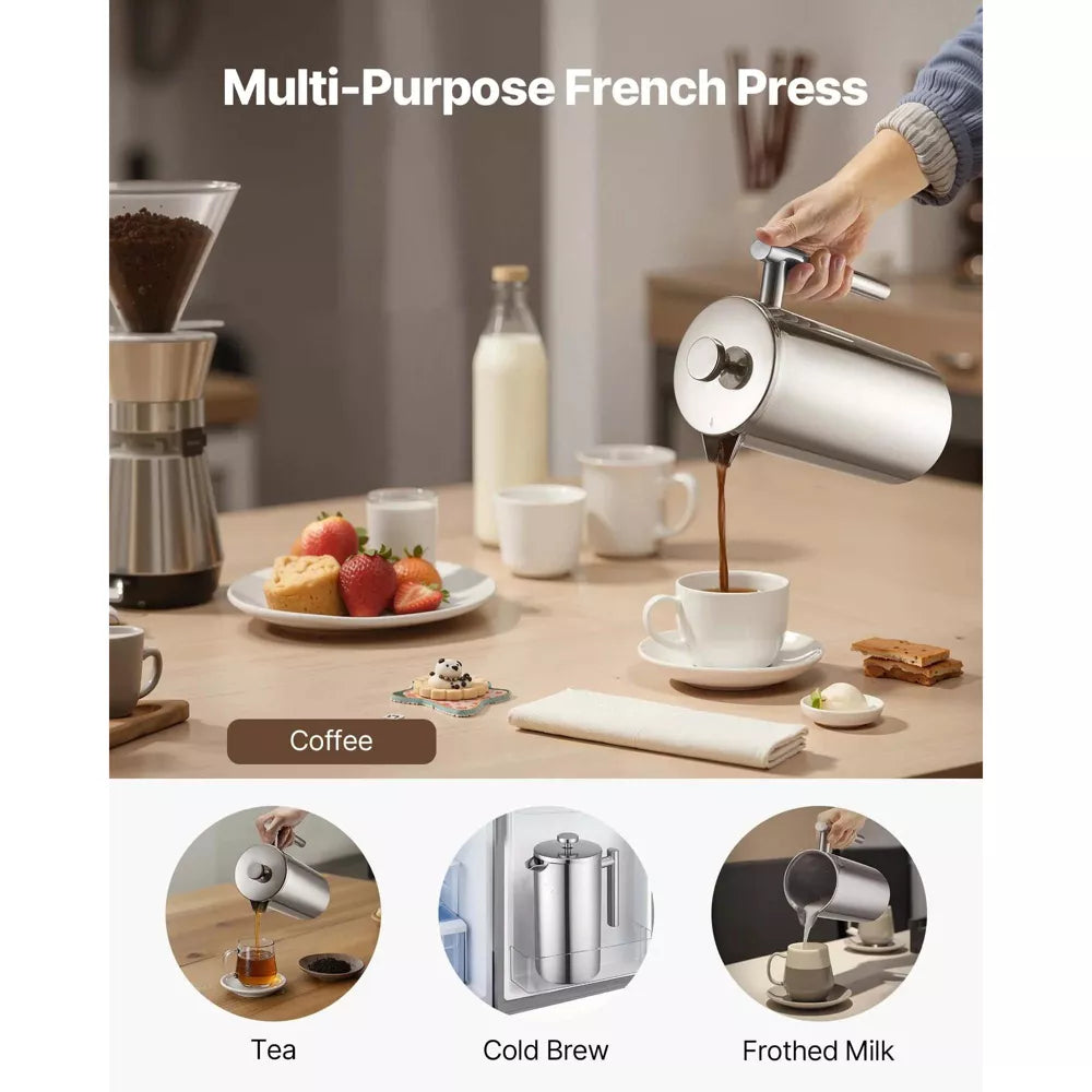 NEW French Press Coffee Maker, 51 Ounce Stainless Steel Coffee Press Tea Maker With Filter, Large Double Wall Insulated Presses Cold Brew, Silver