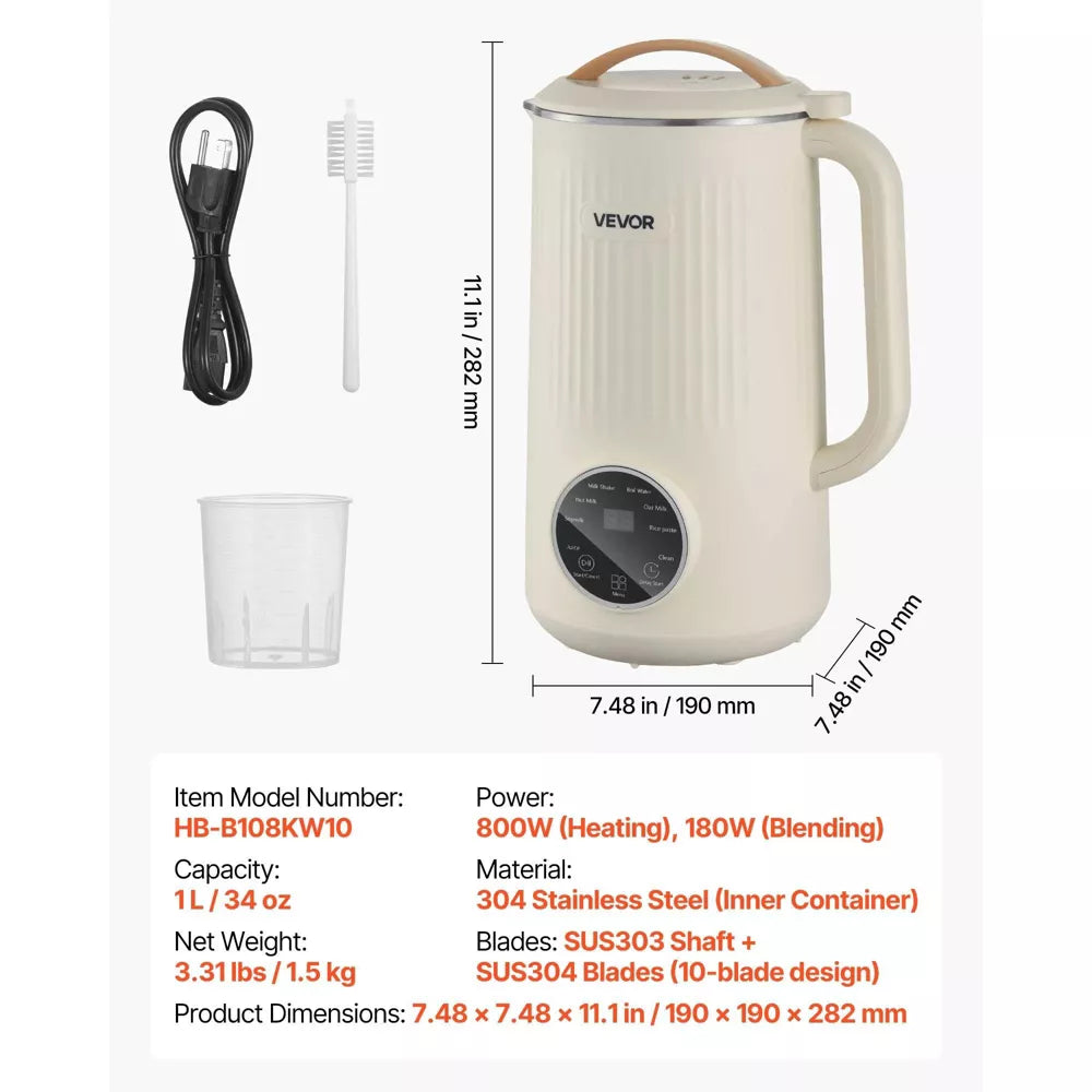 NEW 8-in-1 Nut Milk Maker,41oz Soy Milk Machine with 10 Blades, for Oat,Nut,Soy,Juice,Milkshake & Cereal,Self-Cleaning,Boil Water & 12-Hour Delay