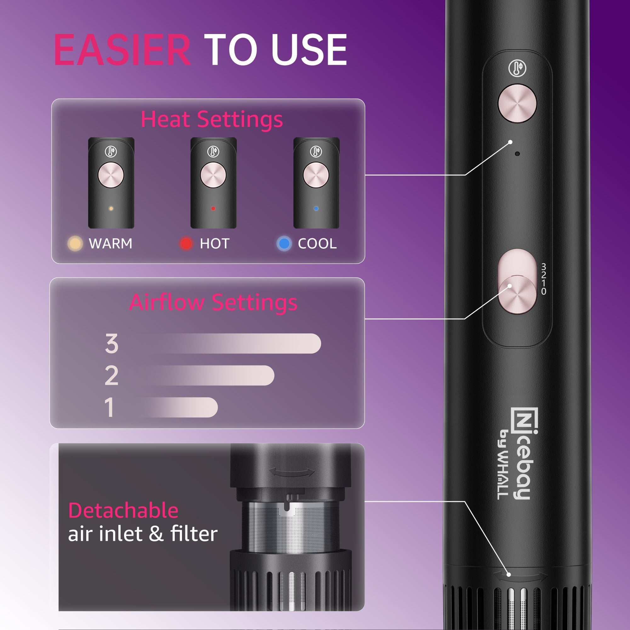 NICEBAY Hair Dryer Brush Blow Dryer Brush in One, Hot Air Styler 1300W