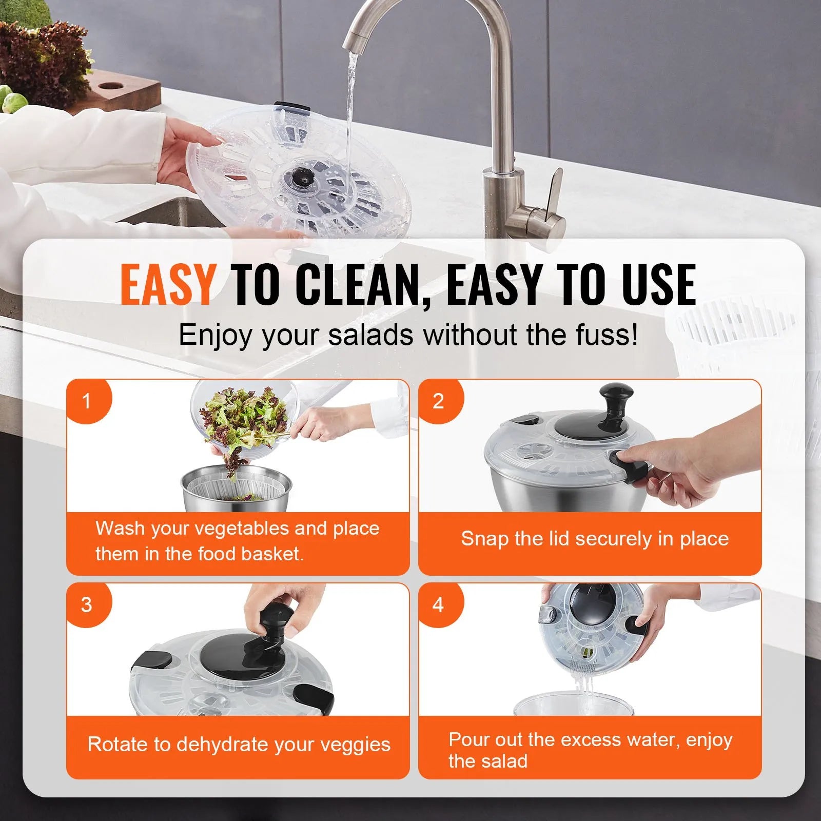 NEW Stainless Steel Salad Spinner, 4.75Qt, One-handed Easy Press Large Vegetable Dryer Washer, Lettuce Cleaner and Dryer with 304 Stainless Steel Bowl, for Greens, Herbs, Berries, Fruits, No BPA