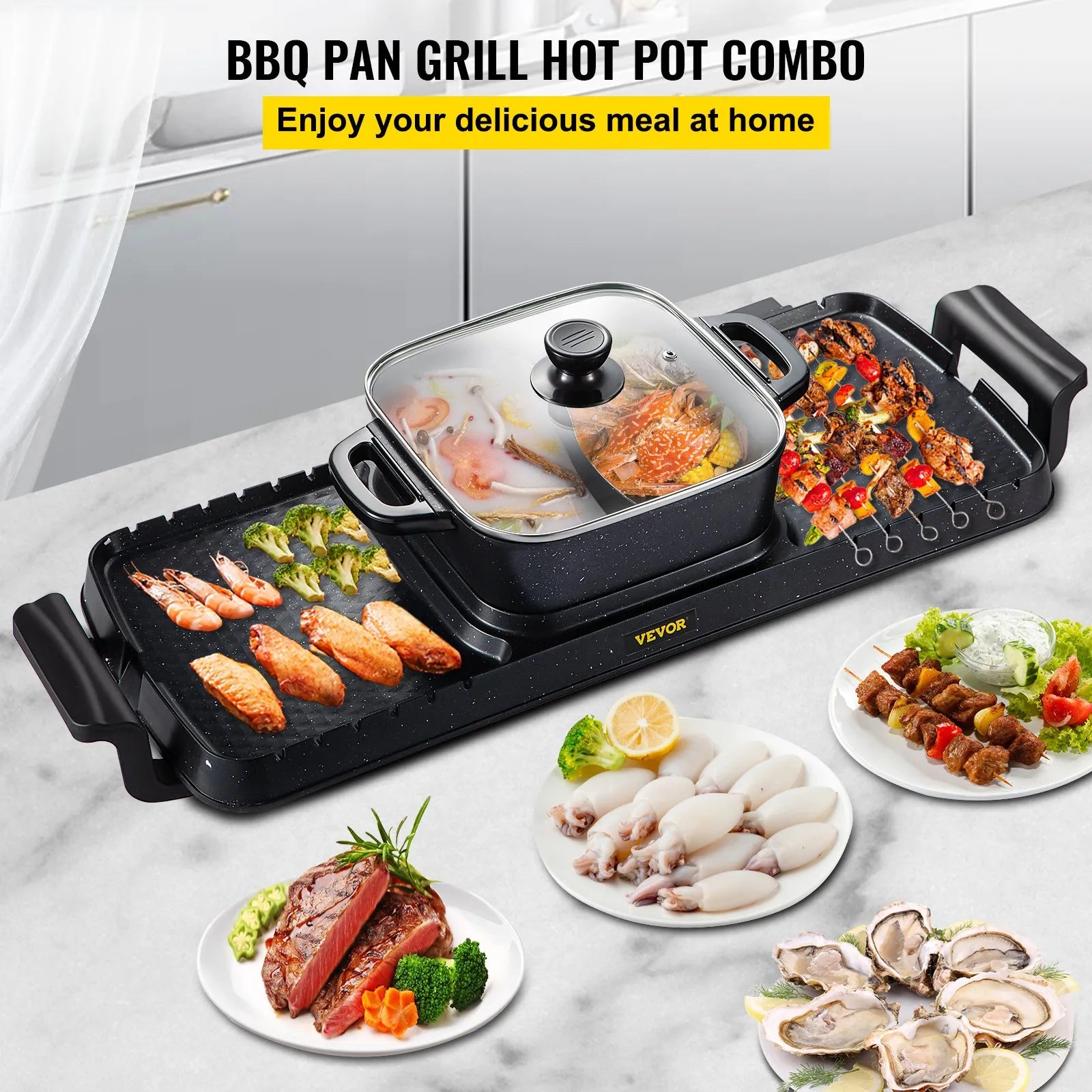 NEW 2 in 1 Electric Grill and Hot Pot, 2400W BBQ Pan Grill and Hot Pot, Multifunctional Teppanyaki Grill Pot with Dual Temp Control, Smokeless Hot Pot Grill with Nonstick Coating for 1-8 People