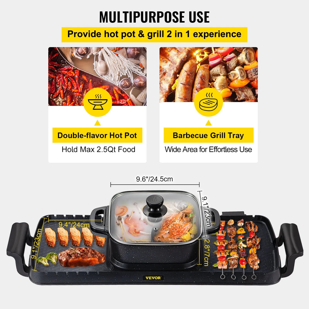 NEW 2 in 1 Electric Grill and Hot Pot, 2400W BBQ Pan Grill and Hot Pot, Multifunctional Teppanyaki Grill Pot with Dual Temp Control, Smokeless Hot Pot Grill with Nonstick Coating for 1-8 People