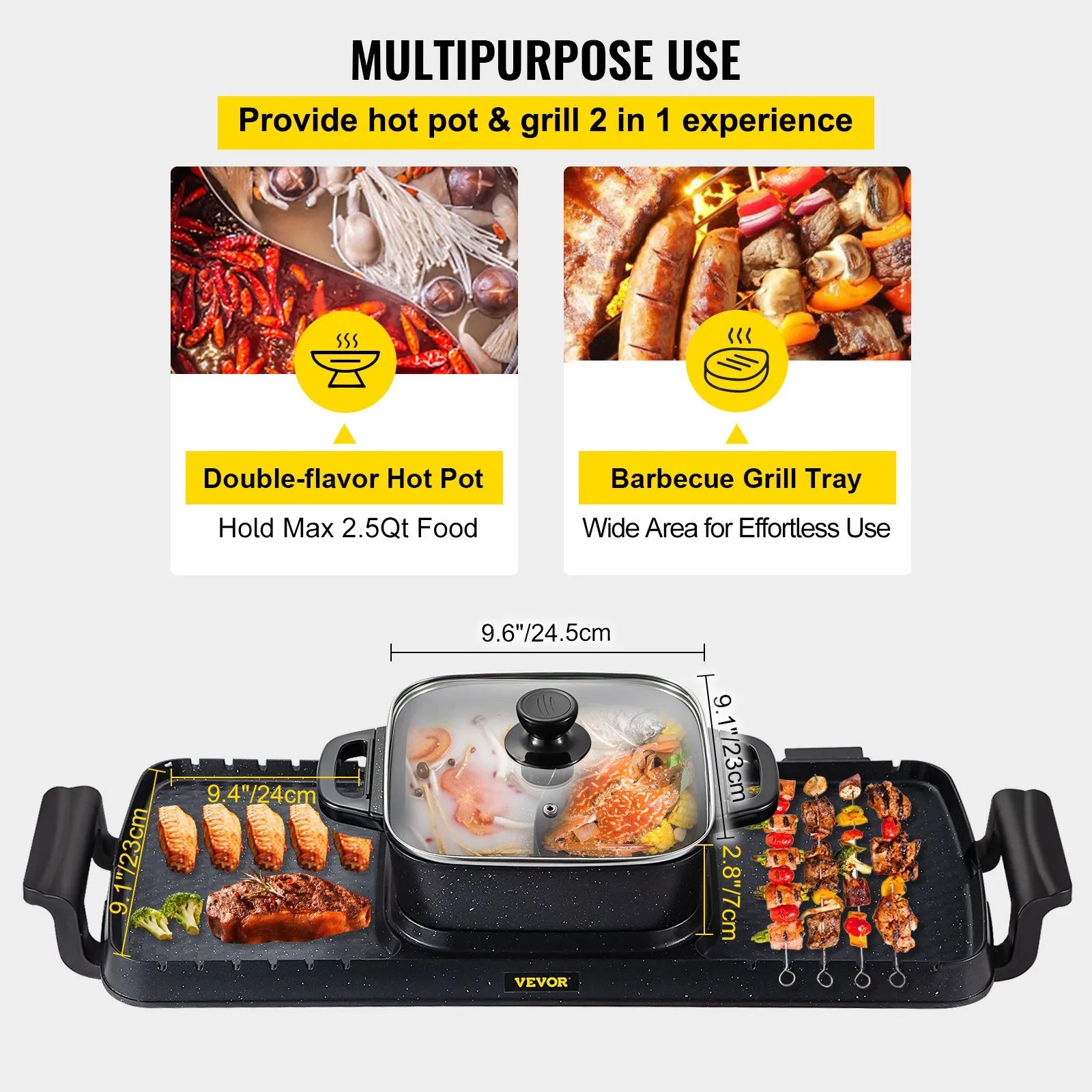 NEW 2 in 1 Electric Grill and Hot Pot, 2400W BBQ Pan Grill and Hot Pot, Multifunctional Teppanyaki Grill Pot with Dual Temp Control, Smokeless Hot Pot Grill with Nonstick Coating for 1-8 People